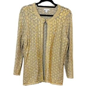 Charter Club Sweater Women L Tan Floral Cardigan Retro Western Boho Festival 80s